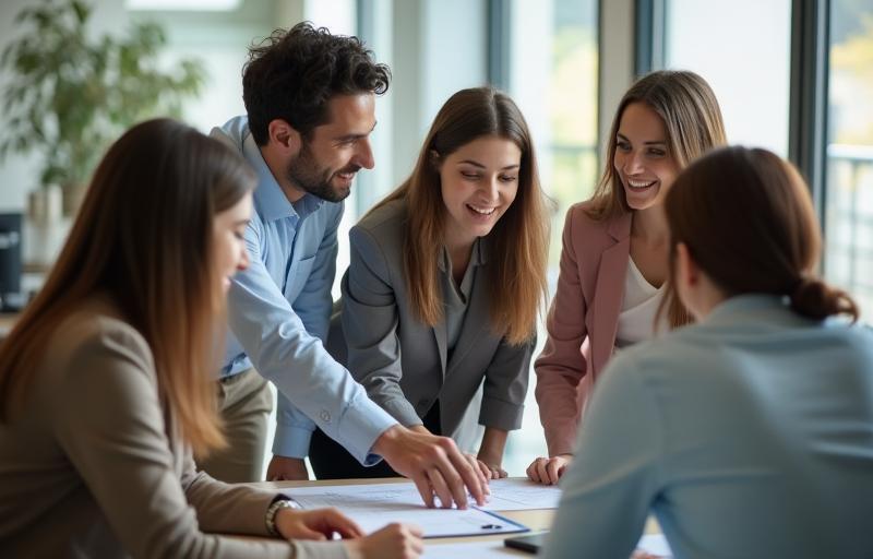 Diverse consulting team collaborating enthusiastically in a bright, modern office environment.